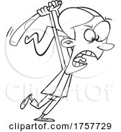 Black And White Cartoon Woman Angrily Swinging A Bat