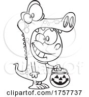 Black And White Cartoon Halloween Boy Trick Or Treating In A Crocodile Costume