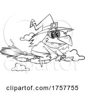Poster, Art Print Of Black And White Cartoon Halloween Witch Flying On A Jet Broomstick