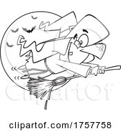 Poster, Art Print Of Black And White Cartoon Halloween Witch Flying On A Fast Broomstick