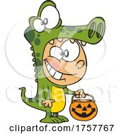 Cartoon Halloween Boy Trick Or Treating In A Crocodile Costume