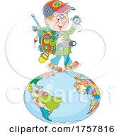 Poster, Art Print Of Male Traveler Holding A Compass On Top Of Earth