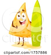 Tortilla Chip Mascot With A Surfboard by Vector Tradition SM