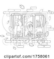 Poster, Art Print Of Black And White Cat And Man Looking Through A Window With Autumn Leaves Falling