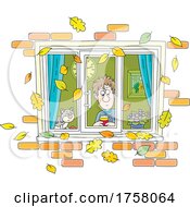 Cat And Man Looking Through A Window With Autumn Leaves Falling