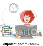 Red Haired Woman Working At A Computer Desk