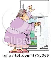 Cartoon Woman In A Robe And Curlers Getting A Midnight Snack Or Cooling Off At The Fridge