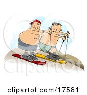 Clipart Illustration Of Two Shirtless Caucasian Men In Shorts Sand Surfing Downhill In A Desert