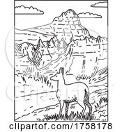 Badlands National Park With Deer And Steep Canyons In South Dakota USA Mono Line Poster Art