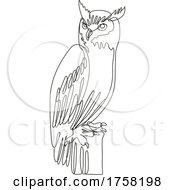 Tiger Owl Or Great Horned Owl Perching On Tree Stump Continuous Line Drawing