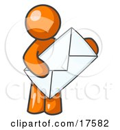 Clipart Illustration Of An Orange Person Standing And Holding A Large Envelope Symbolizing Communications And Email