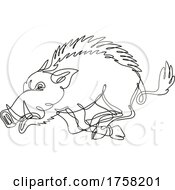 Poster, Art Print Of Razorback Wild Boar Running Attacking Side View Continuous Line Drawing