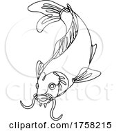 Poster, Art Print Of Nishikigoi Koi Carp Fish Diving Down Continuous Line Drawing