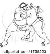 Poster, Art Print Of Two Japanese Sumo Wrestler Or Rikishi Wrestling Continuous Line Drawing