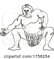 Poster, Art Print Of Sumo Wrestler Or Rikishi Fighting Stance Front View Continuous Line Drawing