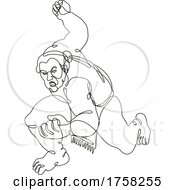 Poster, Art Print Of Sumo Wrestler Or Rikishi Fighting Stance Front View Continuous Line Drawing