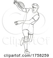 Poster, Art Print Of Rugby Union Player Running Passing Ball Front View Continuous Line Drawing