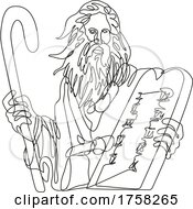 Prophet Moses With Staff Holding A Stone Table With Ten Commandments Continuous Line Drawing