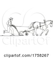 Organic Farmer And Horse Plowing Field Side View Continuous Line Drawing