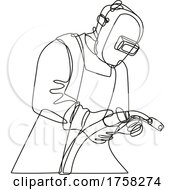 Poster, Art Print Of Mig Welder With Visor Holding Welding Torch Continuous Line Drawing