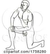 Poster, Art Print Of Nude Male Human Figure Kneeling On One Knee Done Continuous Line Drawing