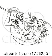 Poster, Art Print Of Knight With Lance And Shield Fighting Dragon Continuous Line Drawing