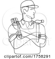 Poster, Art Print Of Handyman Holding A Hammer And Paint Brush With Arms Crossed Continuous Line Drawing