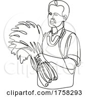Poster, Art Print Of Green Grocer Holding Produce Front View Continuous Line Drawing