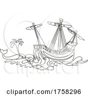 Poster, Art Print Of Galleon Or Tall Ship Sailing With Whale Continuous Line Drawing