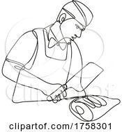 Poster, Art Print Of Butcher With Meat Cleaver Cutting Leg Of Ham Continuous Line Drawing