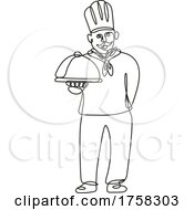 Poster, Art Print Of Chef Cook Or Baker Holding A Platter Front View Continuous Line Drawing
