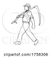Poster, Art Print Of Organic Wheat Farmer With Scythe Walking Side View Continuous Line Drawing