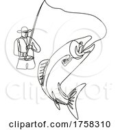 Poster, Art Print Of Fly Fisherman Catching Jumping Lake Trout Continuous Line Drawing