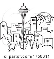 Poster, Art Print Of Seattle City Downtown Skyline With Space Needle And Mount Rainier Washington State Usa Mono Line Art Poster