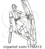 Poster, Art Print Of Arborist Or Tree Surgeon Climbing Tree With Chainsaw Continuous Line Drawing