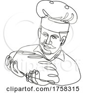 Poster, Art Print Of Baker Holding Bread Loaf Front View Continuous Line Drawing