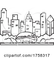 Chicago Downtown Skyline With The Bean Or Cloud Gate Sculpture On Park Grill Lake Michigan Illinois Usa Mono Line Art Poster