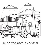 Poster, Art Print Of San Francisco Downtown Skyline With Golden Gate Bridge In The Bay Area California Usa Mono Line Art Poster