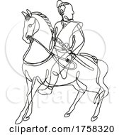 Poster, Art Print Of Japanese Samurai Warrior Riding Horse Side View Continuous Line Drawing