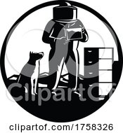 Beekeeper Wearing Bee Suit With Border Collie Dog And Beehive With Mountains Circle Mascot