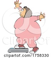 Poster, Art Print Of Cartoon Chubby Woman In Sweats Weighing Herself On A Scale
