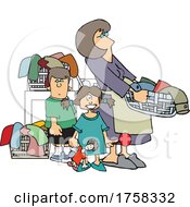 Cartoon Mom And Kids With A Lot Of Laundry
