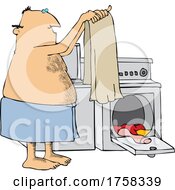 Cartoon Man In A Towel Pulling Laundry Out Of A Dryer