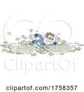 Cartoon White Business Man Swimming In Cash Money