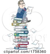 Cartoon White Business Man On A Stack Of Binders And Documents by Alex Bannykh