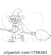 Poster, Art Print Of Black And White Cartoon Witch Flying On A Broomstick