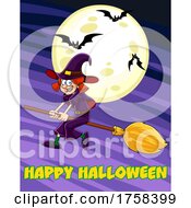Poster, Art Print Of Cartoon Witch Flying On A Broomstick Over Happy Halloween Text
