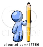 Blue Man Holding Up And Standing Beside A Giant Yellow Number Two Pencil