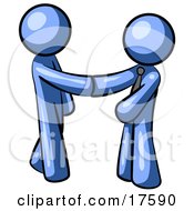 Clipart Illustration Of A Blue Man Wearing A Tie Shaking Hands With Another Upon Agreement Of A Business Deal