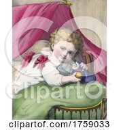 Poster, Art Print Of A Happy Little Girl Playing With A Doll On A Bed